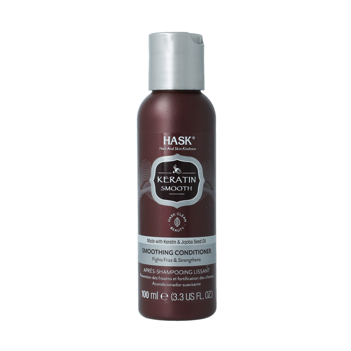HASK Keratin protein smoothing conditioner travel size, 100ml, for hair care, in a clear bottle with a white cap.