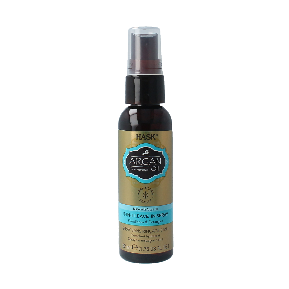 HASK Argan oil repair 5-in-1 leave-in spray in 52ml travel size, featuring a spray bottle for hair care and repair.