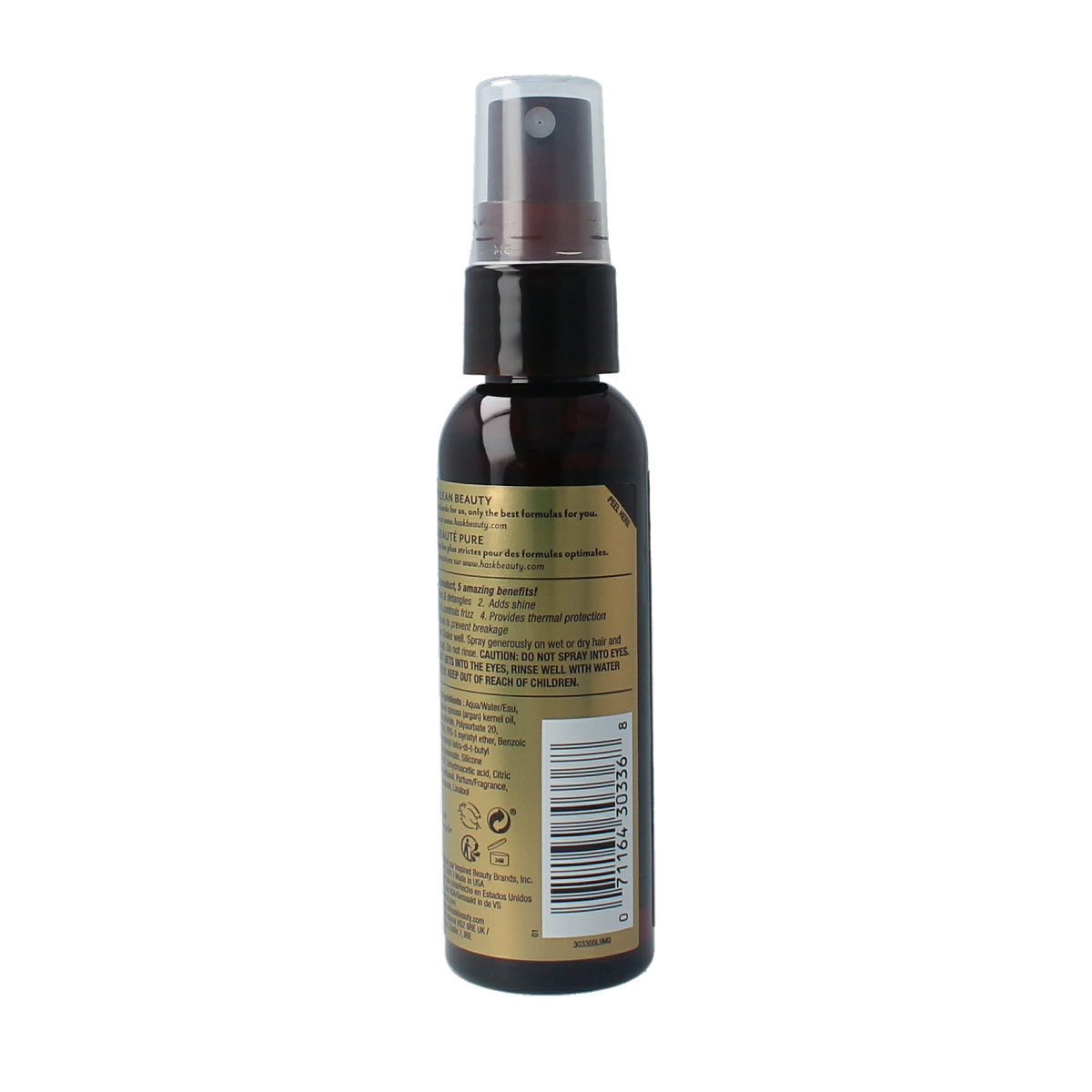 HASK Argan oil repair 5-in-1 leave-in spray in 52ml travel size, featuring a spray bottle with clear liquid and label.