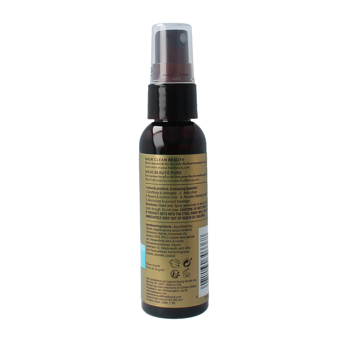 HASK Argan Oil Repair 5-in-1 leave-in spray in 52ml travel size, featuring a clear spray bottle with product inside