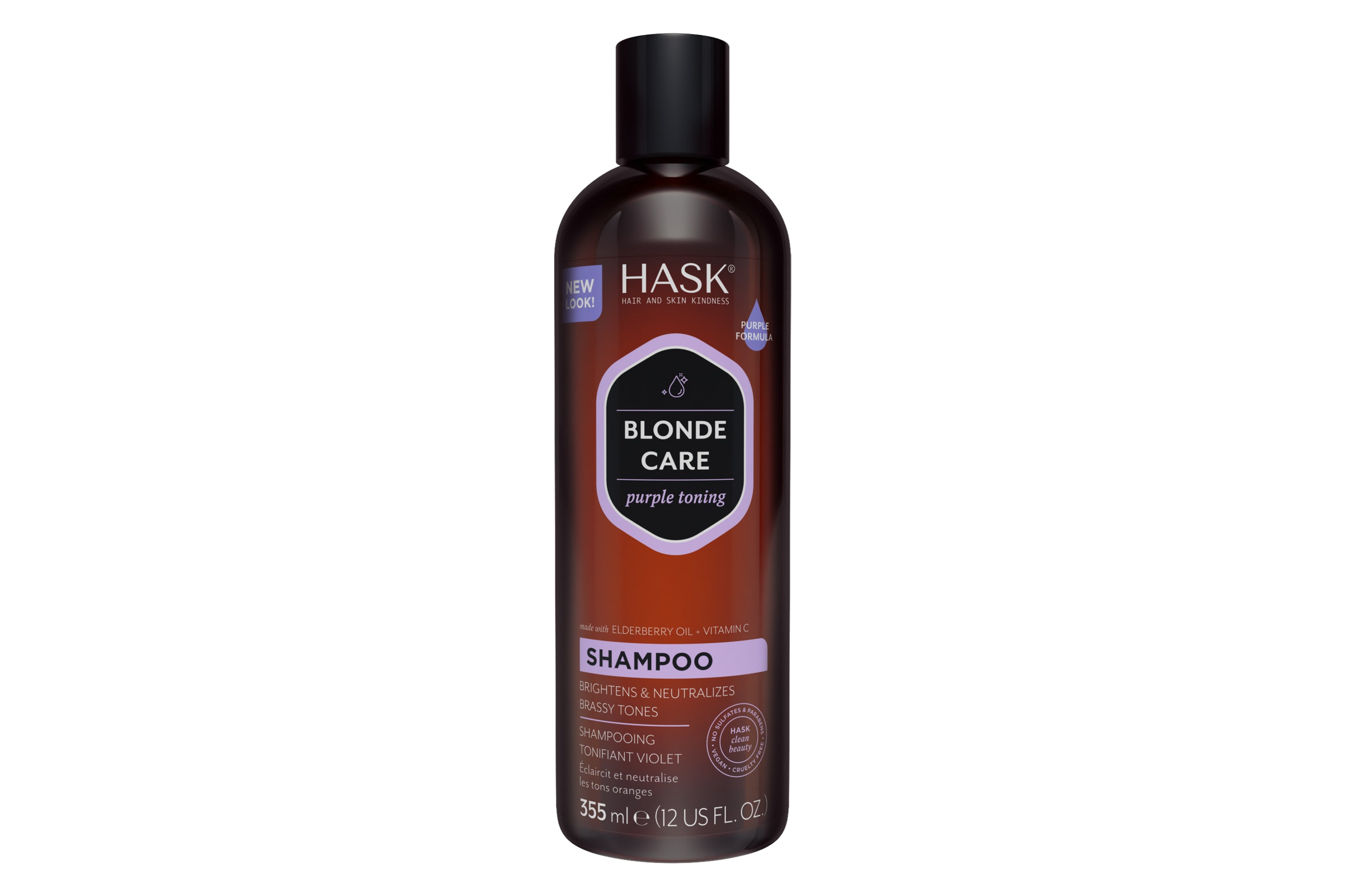 HASK Blonde Care Purple Toning Shampoo bottle, 355ml, for blonde hair, with purple formula to neutralize yellow tones.