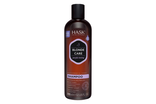 HASK Blonde Care Purple Toning Shampoo bottle, 355ml, for blonde hair, with purple formula to neutralize yellow tones.