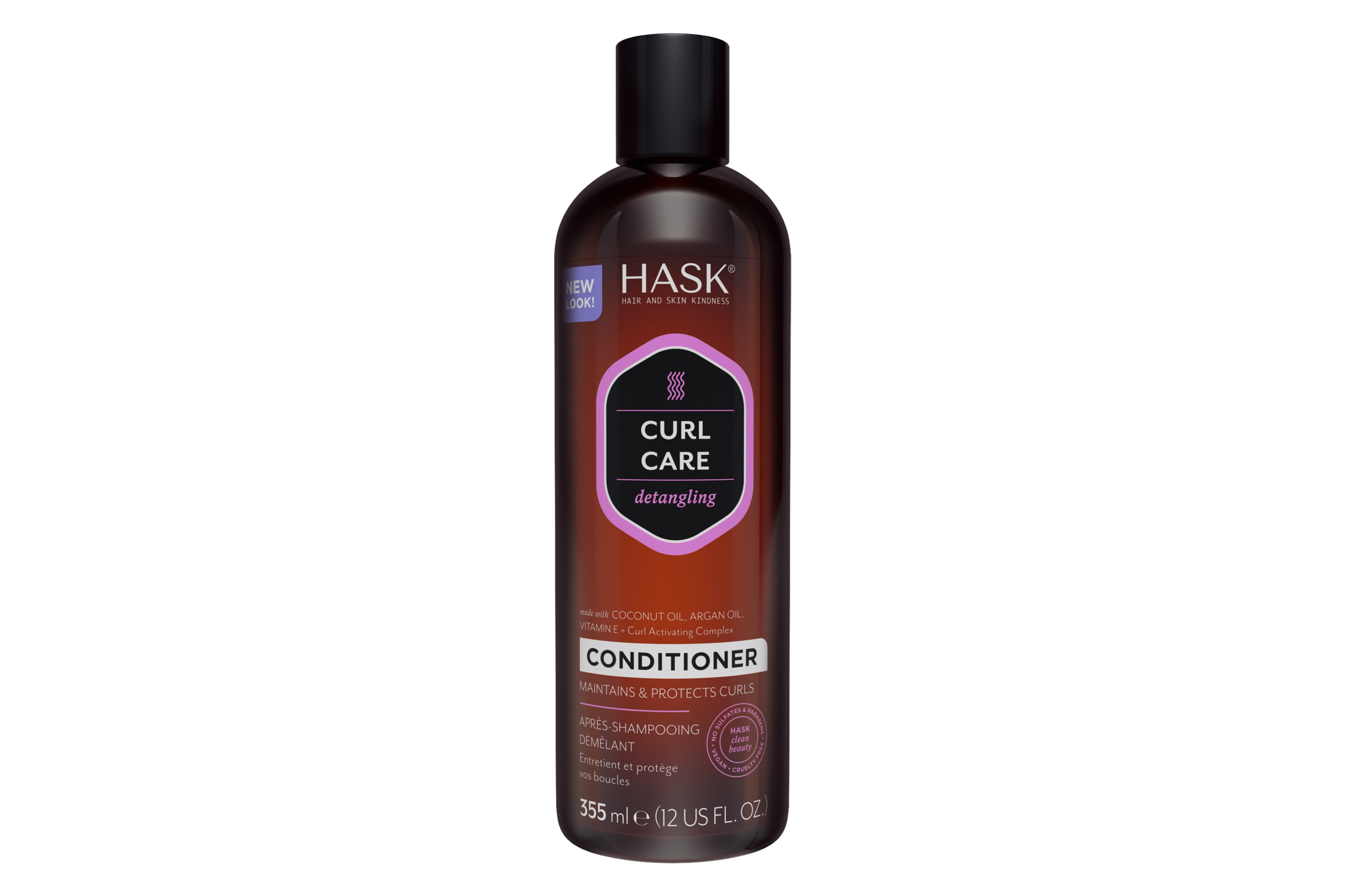 HASK Curl Care Detangling Conditioner bottle, 355ml, with a white cap and label, designed for curly hair care.