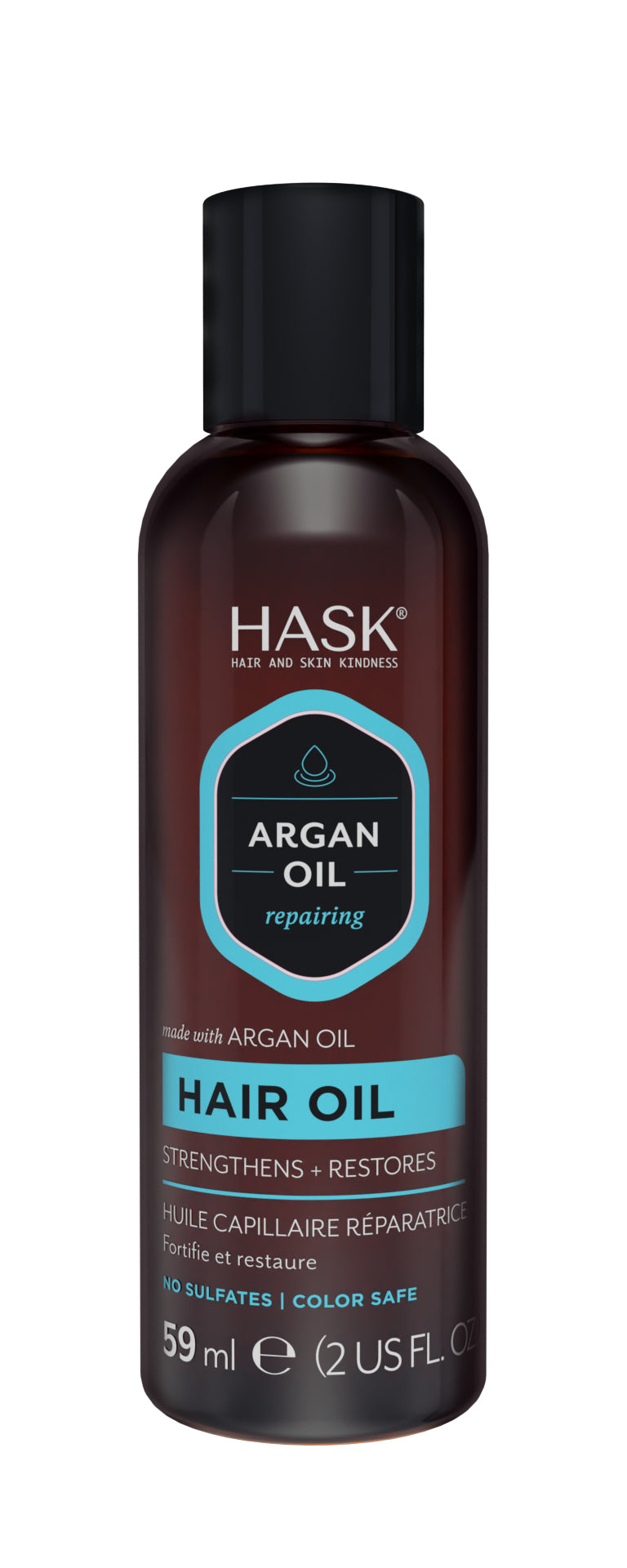HASK Argan Oil Repair Shine Oil for hair, 59ml bottle with a dropper cap, displaying smooth, glossy hair strands.