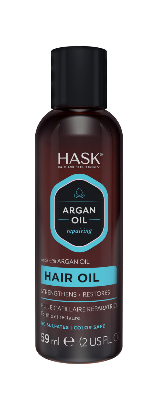 HASK Argan Oil Repair Shine Oil for hair, 59ml bottle with a dropper cap, displaying smooth, glossy hair strands.