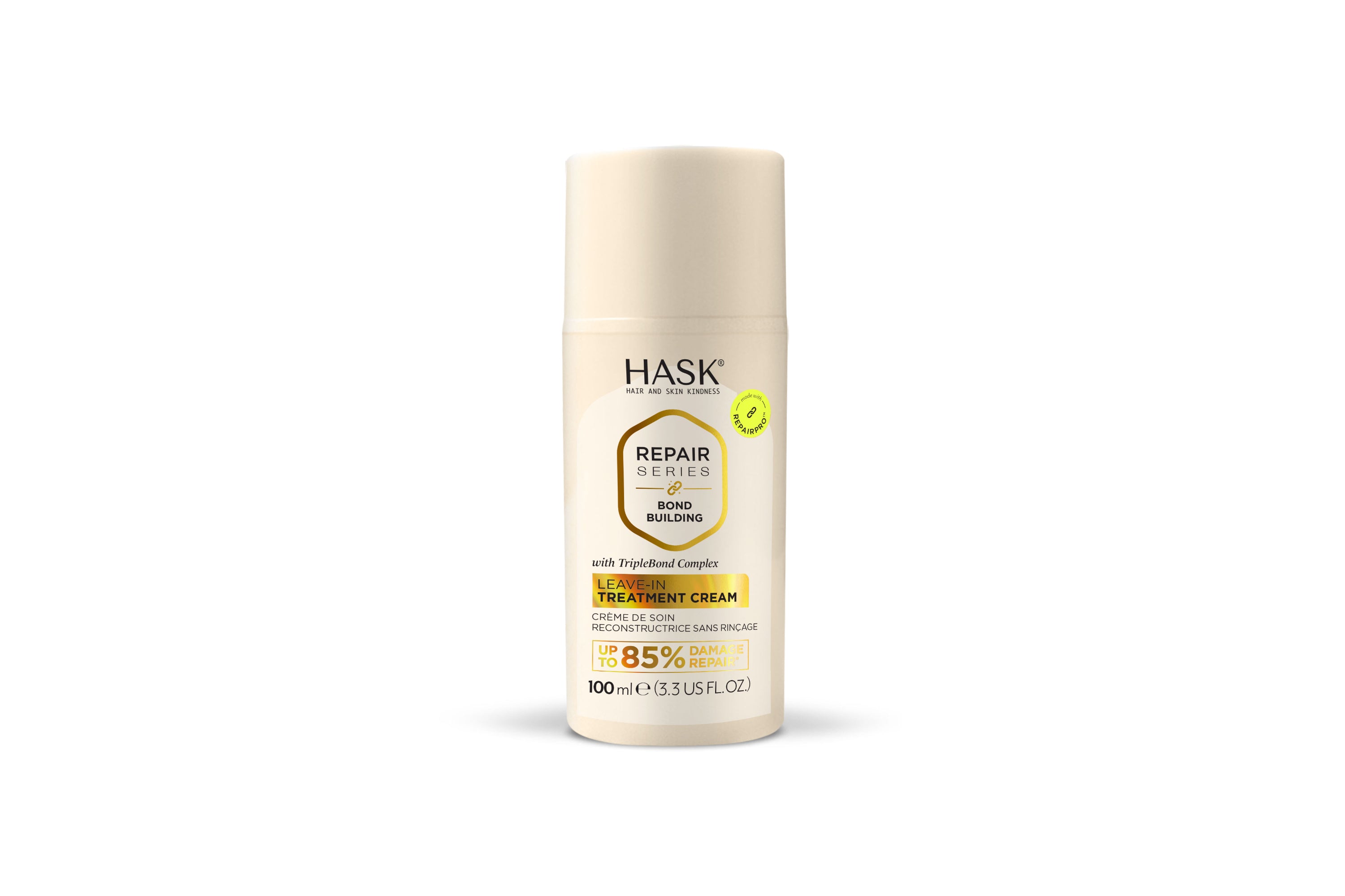 HASK Repair Bond Building Leave-In Treatment Cream in 100ml, showing the creamy hair care product in a tube.
