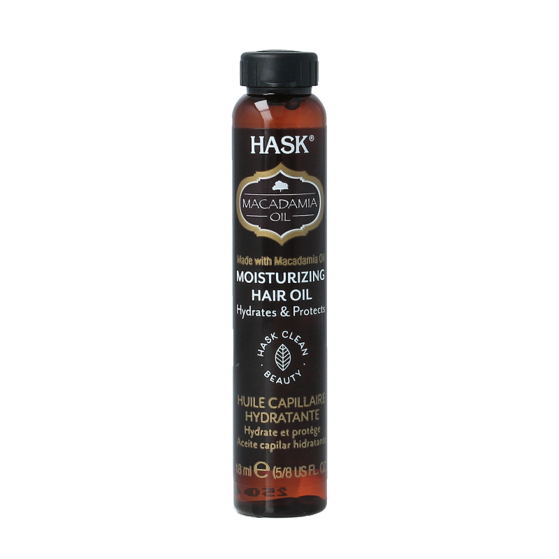 HASK Macadamia oil moisturizing shine oil in an 18ml bottle, designed for hair care to add shine and hydration.