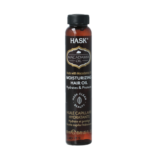 HASK Macadamia oil moisturizing shine oil in an 18ml bottle, designed for hair care to add shine and hydration.
