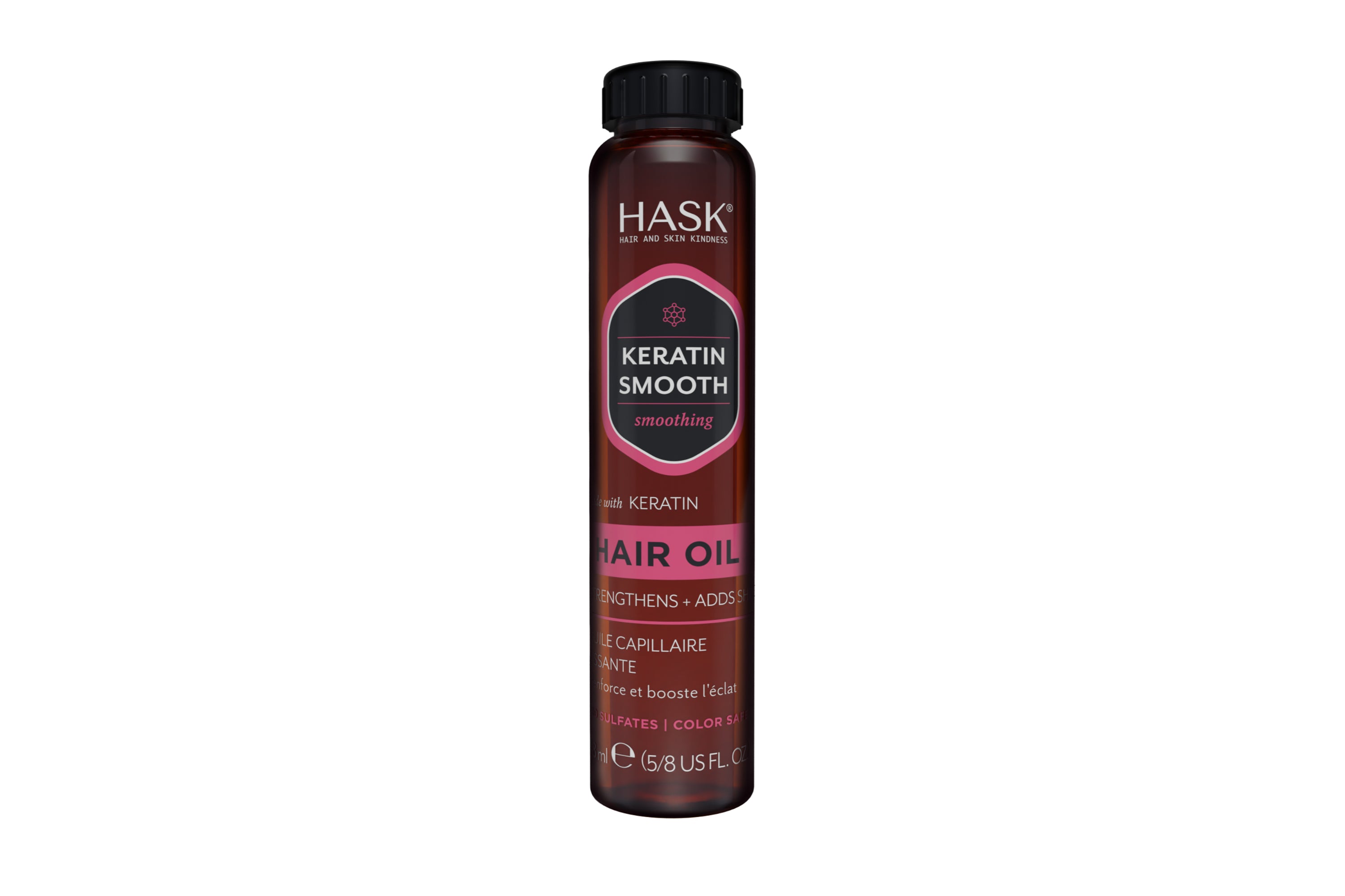 HASK Keratin protein smoothing shine hair oil in 18ml bottle, nourishing hair care product with a sleek design and golden label.