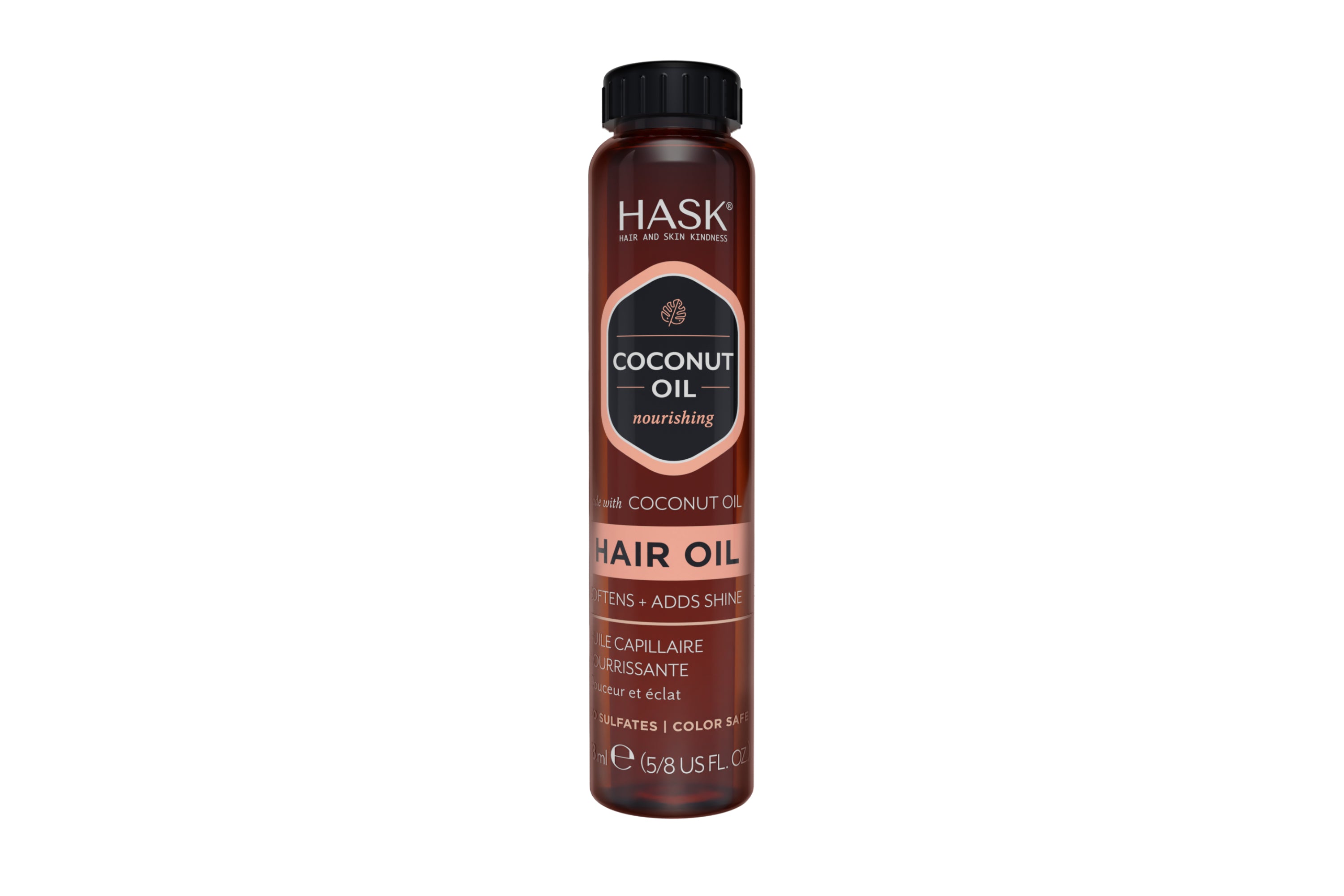 HASK Monoi coconut oil nourishing shine oil for hair, 18ml bottle with golden liquid and pump dispenser