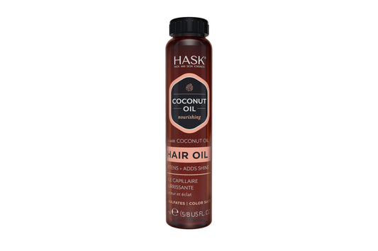 HASK Monoi coconut oil nourishing shine oil for hair, 18ml bottle with golden liquid and pump dispenser