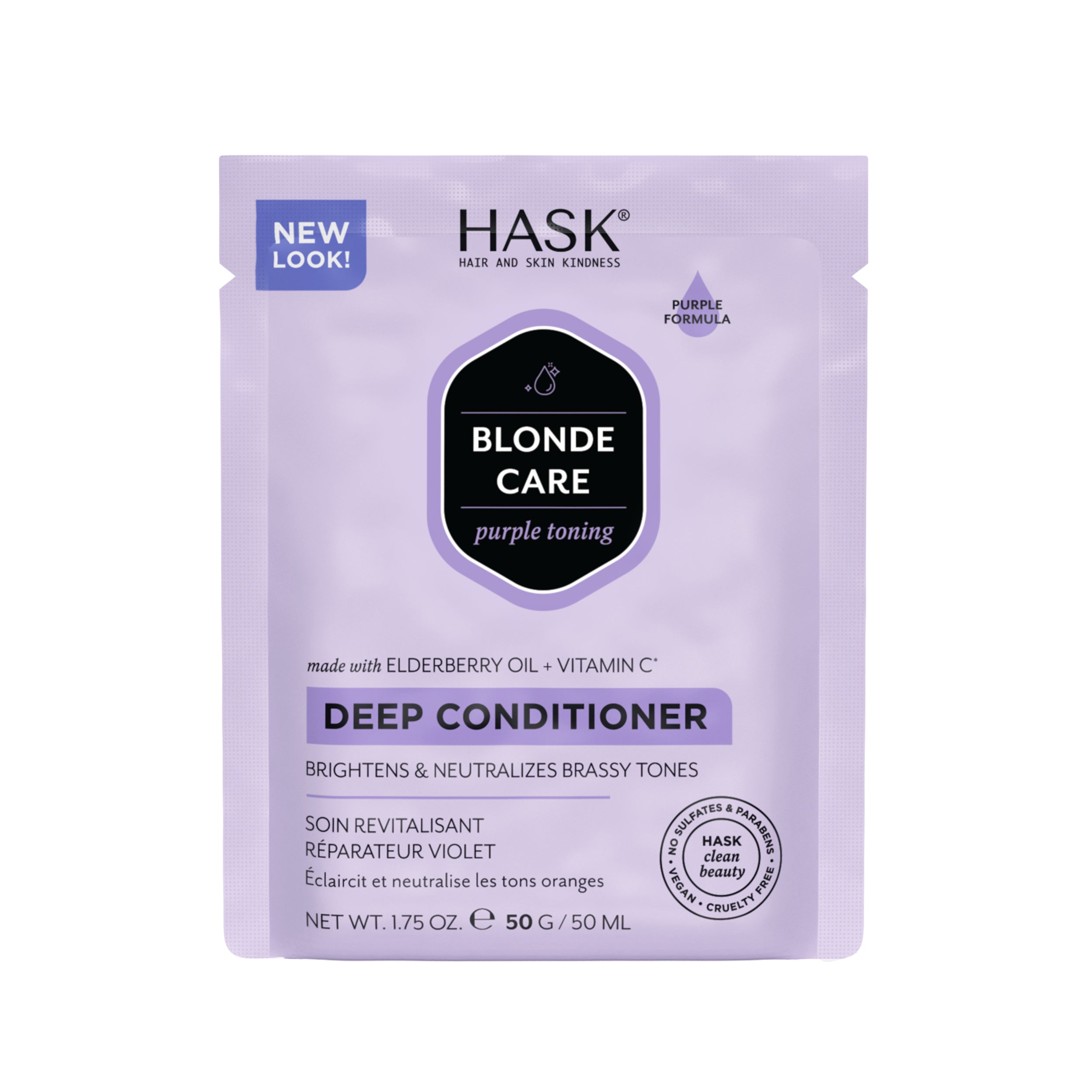 HASK Blonde Care Conditioner in purple, deep treatment for blonde hair, 50 grams, nourishing haircare product.