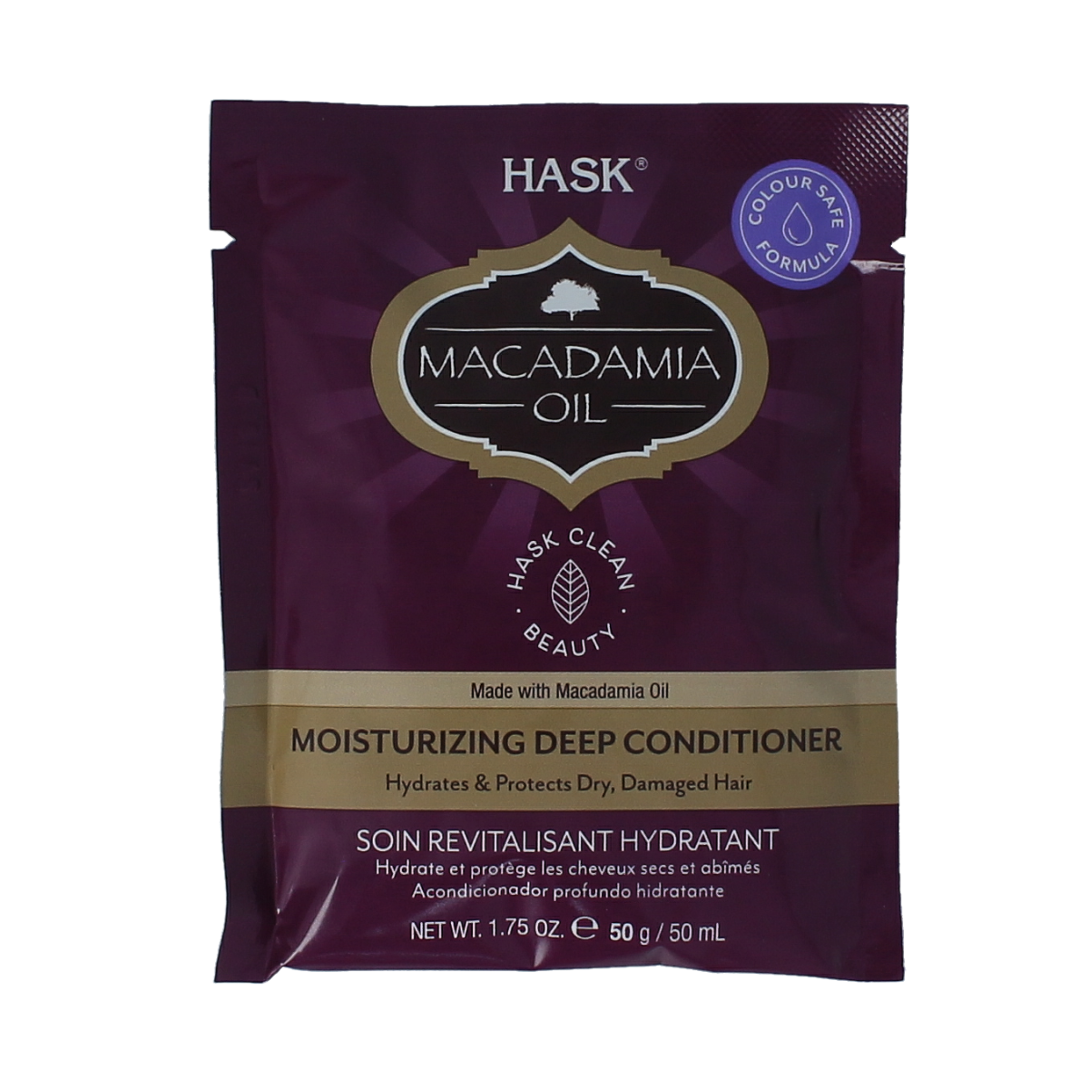 HASK Moist Deep Macadamia Oil Conditioner bottle with white label and black cap, used for nourishing hair care.