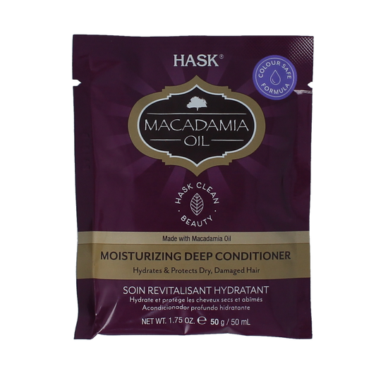HASK Moist Deep Macadamia Oil Conditioner bottle with white label and black cap, used for nourishing hair care.