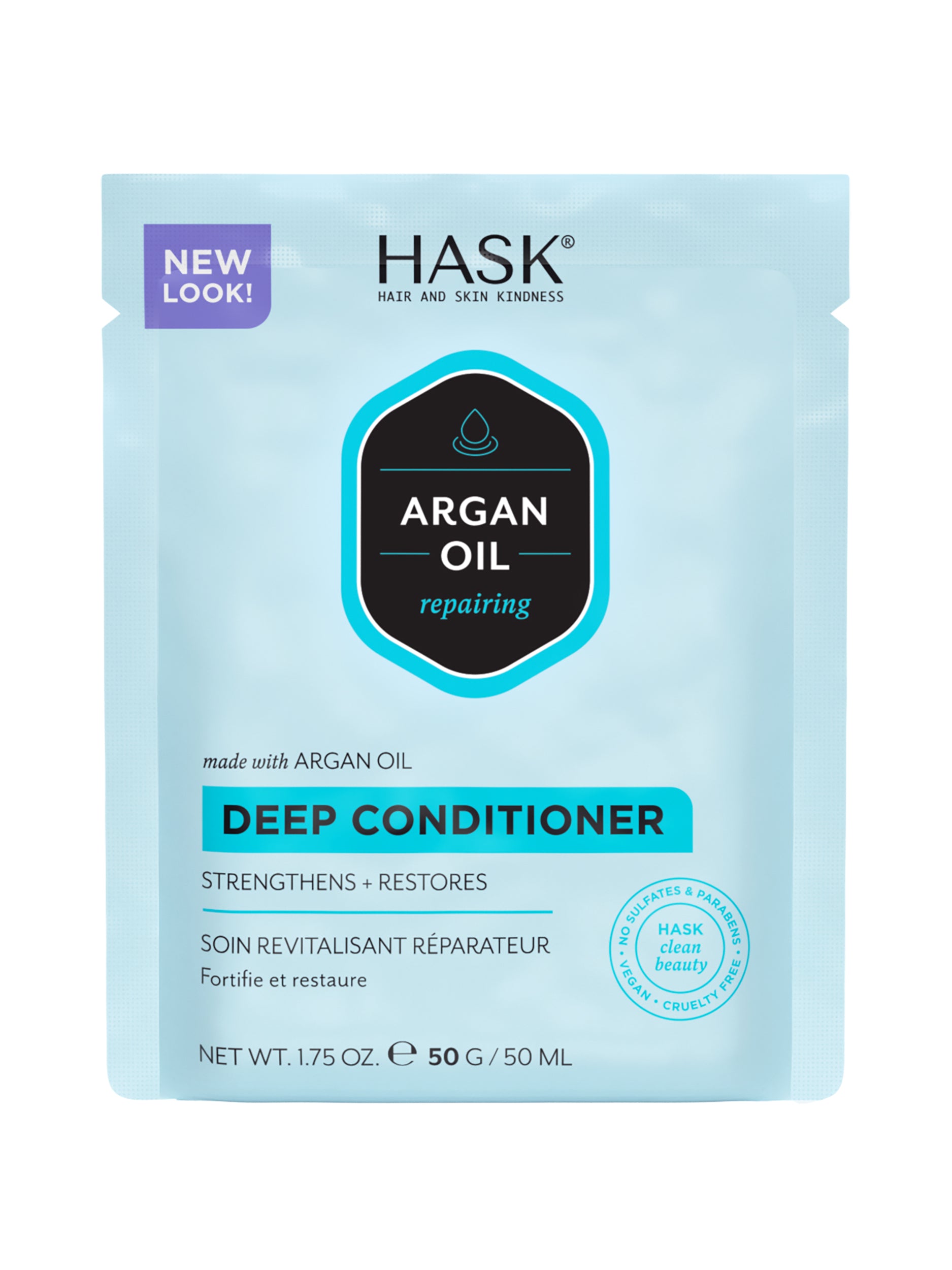 HASK Argan oil repair deep conditioner in 50ml tube, showcasing smooth, glossy hair with nourishing ingredients for hair care.