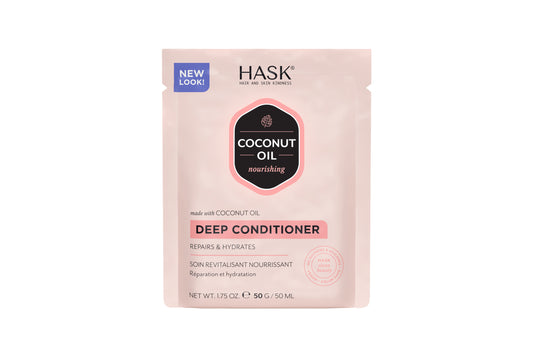 HASK Monoi coconut oil nourishing deep conditioner for hair, 50ml bottle with vibrant packaging and product label visible