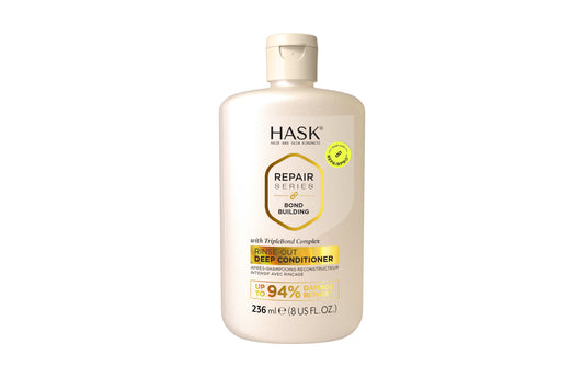 HASK Repair Bond Building Deep Conditioner in 236ml, creamy hair treatment for damaged hair, with a white and purple packaging.