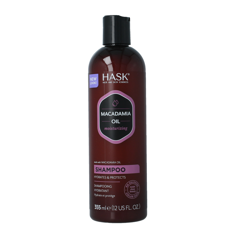 HASK moisturizing shampoo with macadamia oil in 355ml bottle, featuring shiny, healthy hair on the product label