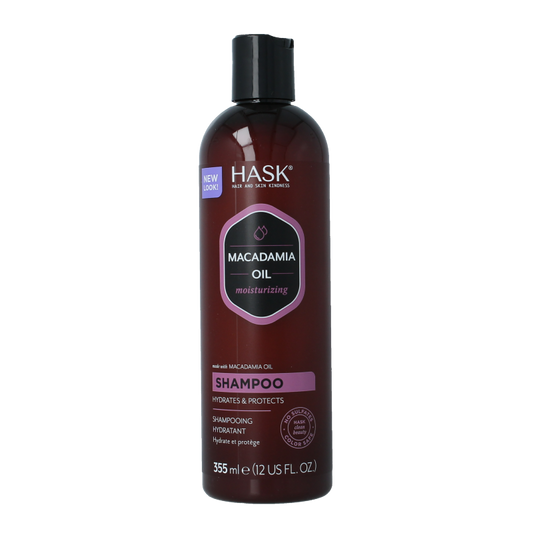 HASK moisturizing shampoo with macadamia oil in 355ml bottle, featuring shiny, healthy hair on the product label