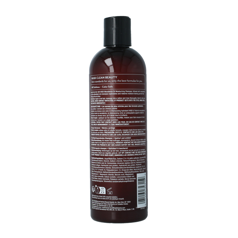 HASK moisturizing shampoo with macadamia oil in a 355ml bottle, designed for nourishing hair care.