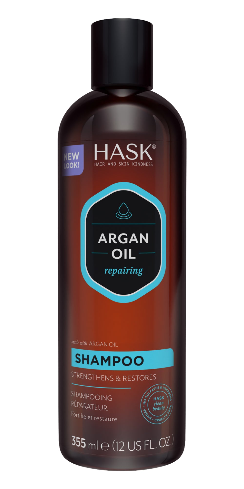 HASK Argan Oil Repair Shampoo in 355ml bottle, showcasing rich hair care formula for nourishing and repairing hair.