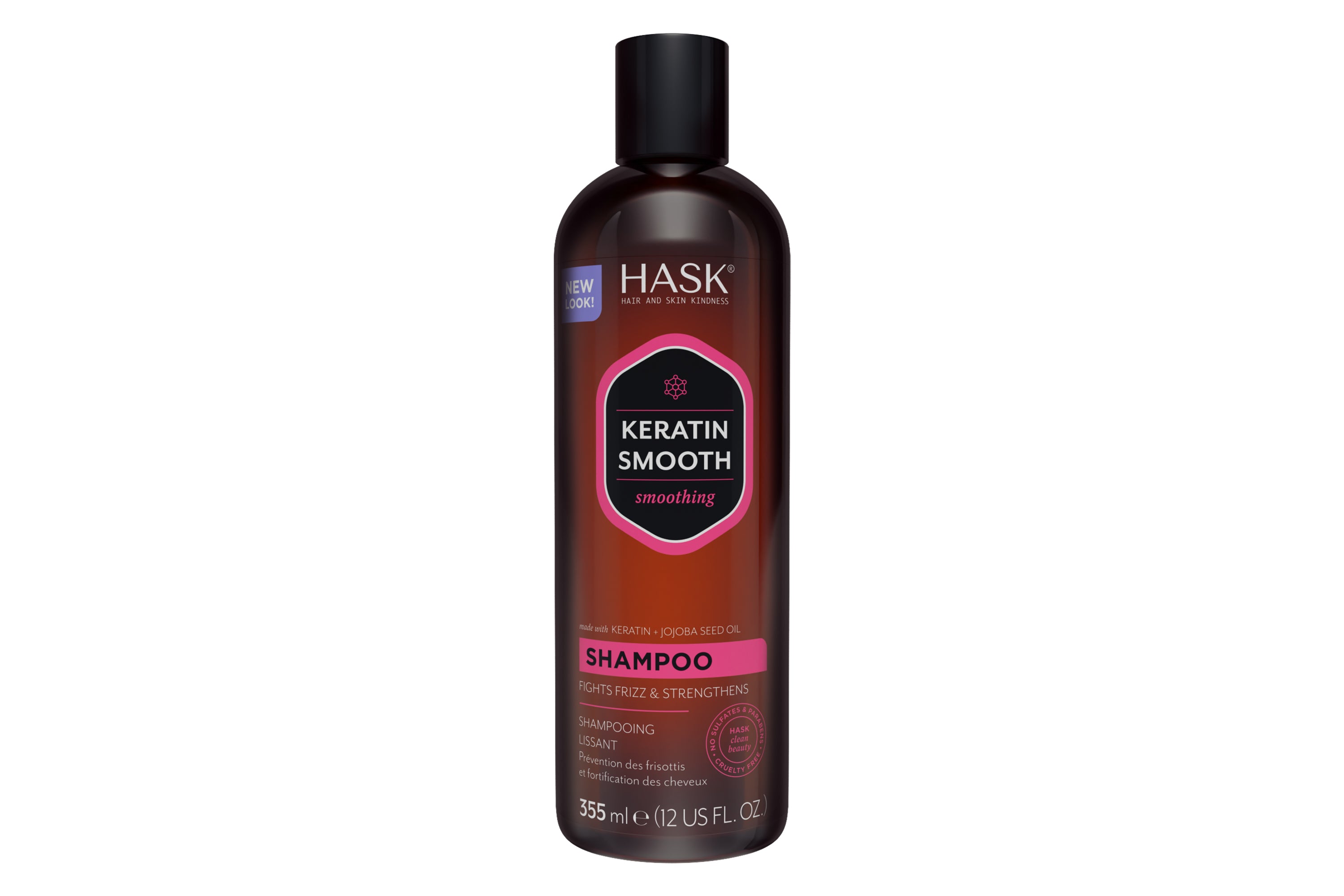 HASK Keratin protein smoothing shampoo bottle, 355ml, for hair care and frizz control, featuring a sleek design and brand logo.