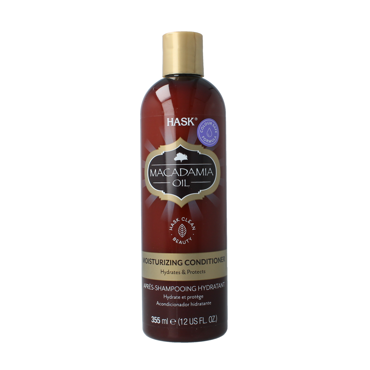 HASK moisturizing macadamia oil conditioner in a 355ml bottle, hair care product with a sleek packaging design