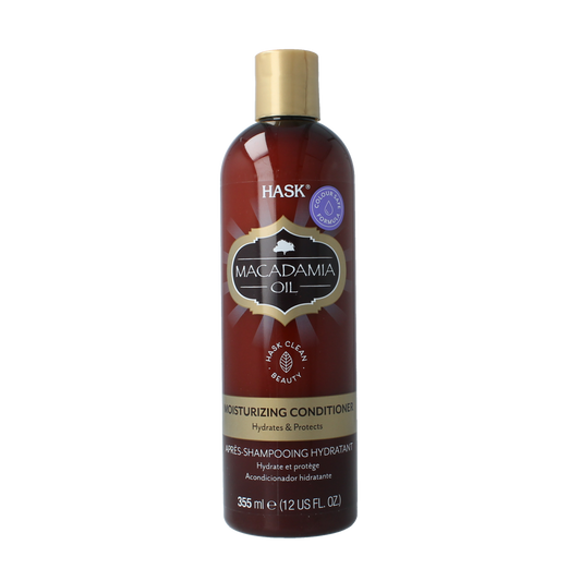 HASK moisturizing macadamia oil conditioner in a 355ml bottle, hair care product with a sleek packaging design