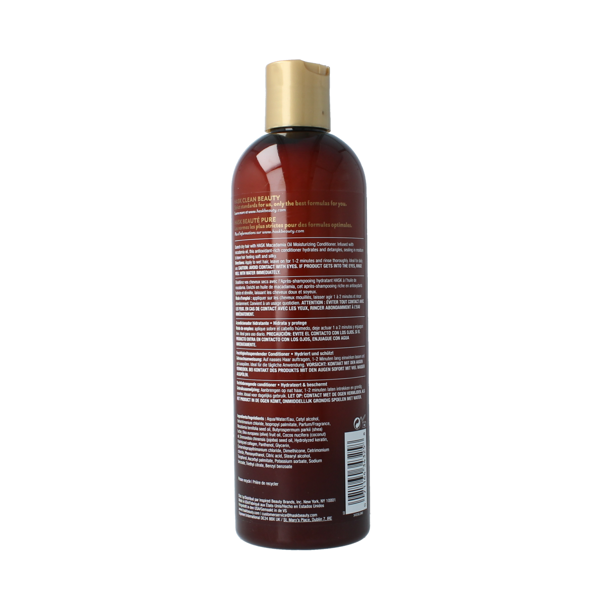 HASK moisturizing macadamia oil conditioner for hair care, 355 ml bottle with creamy texture and white packaging.