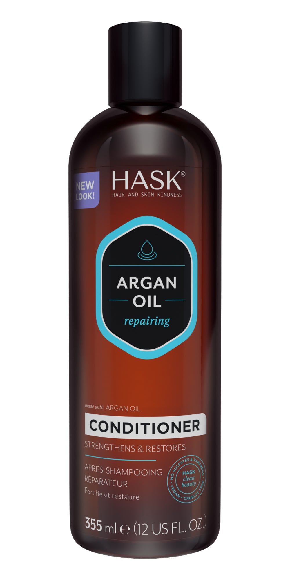 HASK Argan Oil Repair Conditioner bottle for hair care, 355ml, with a sleek white and orange packaging design.