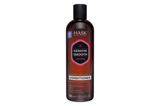 HASK Keratin protein smoothing conditioner in a 355ml bottle, designed for hair care, with a sleek label and pump dispenser.