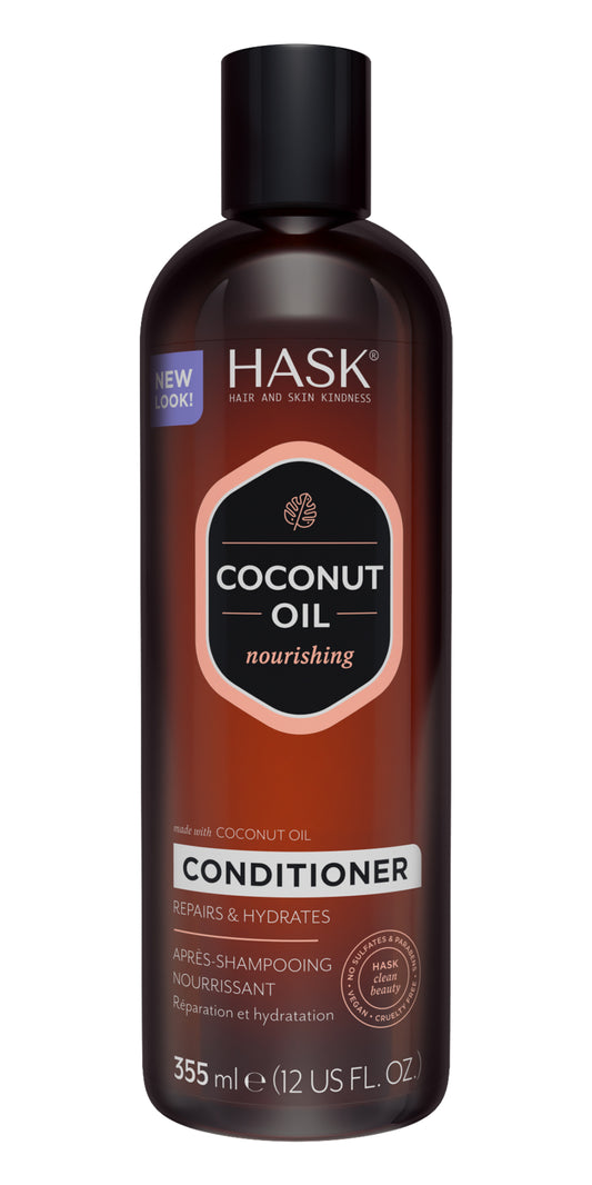 HASK Coconut Oil Nourishing Conditioner in 355ml bottle, smooth hair care product with coconut oil for hydration and shine