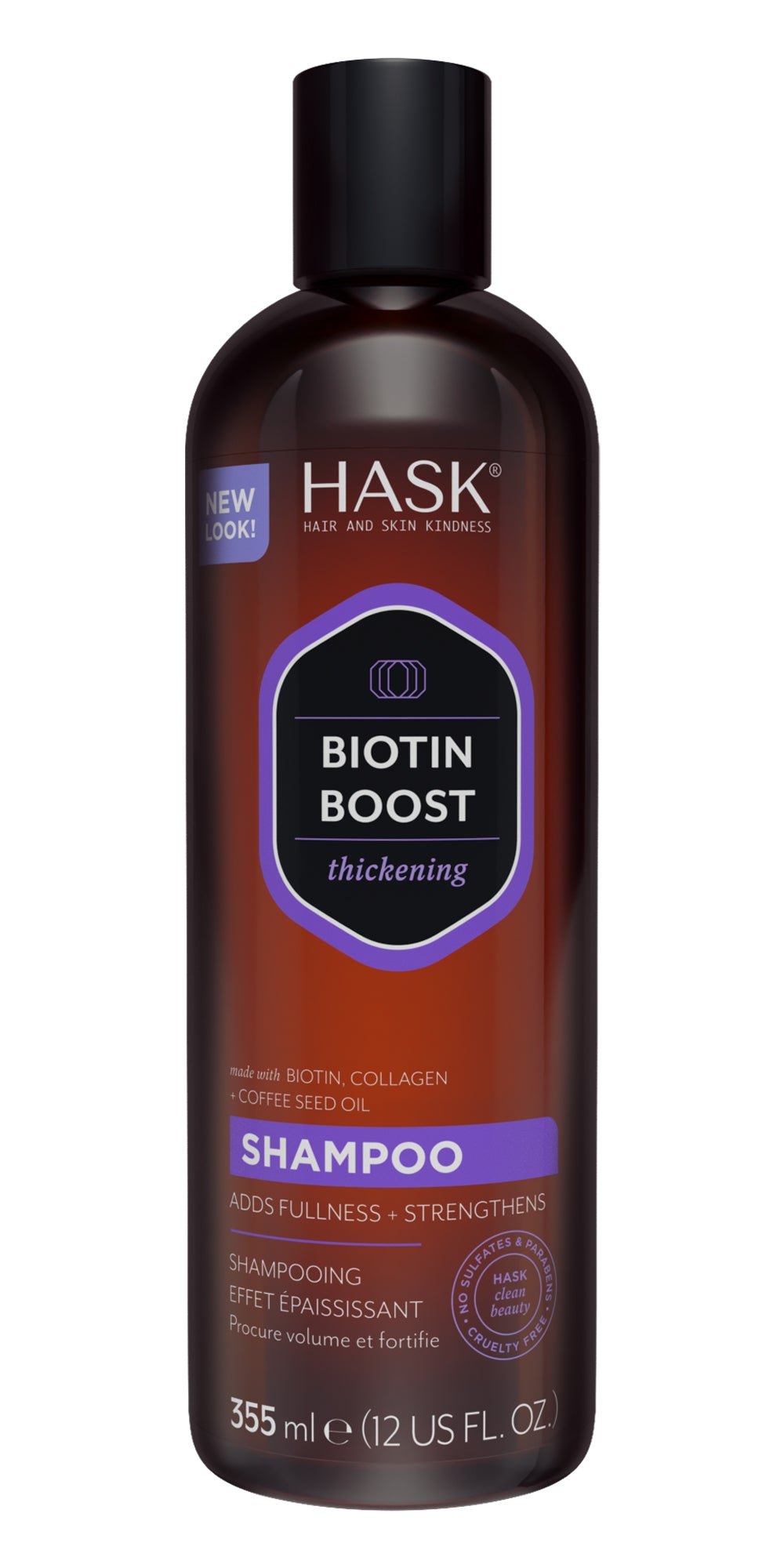 HASK Biotin Boost thickening shampoo bottle with label, 355ml, in a natural hair care setting.