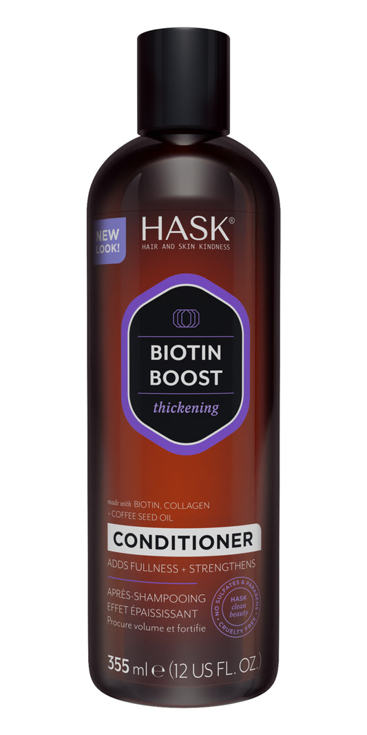 HASK Biotin Boost thickening conditioner for hair, 355ml bottle, nourishing haircare product with biotin for fuller, healthier hair.