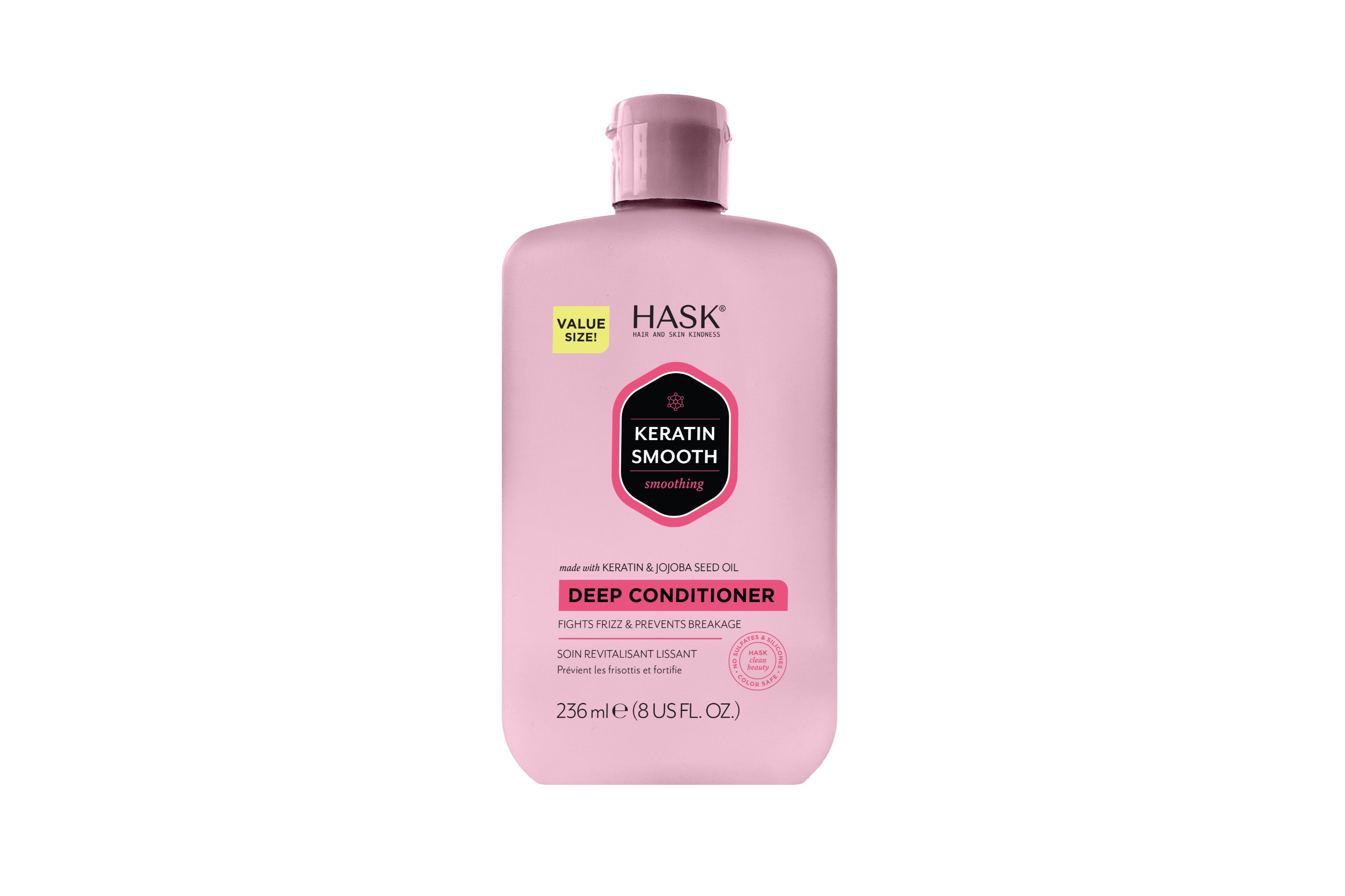HASK Keratin smoothing deep conditioner in 236ml bottle, Haarverzorging product for silky, frizz-free hair with keratin formula.