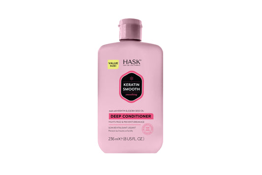 HASK Keratin smoothing deep conditioner in 236ml bottle, Haarverzorging product for silky, frizz-free hair with keratin formula.