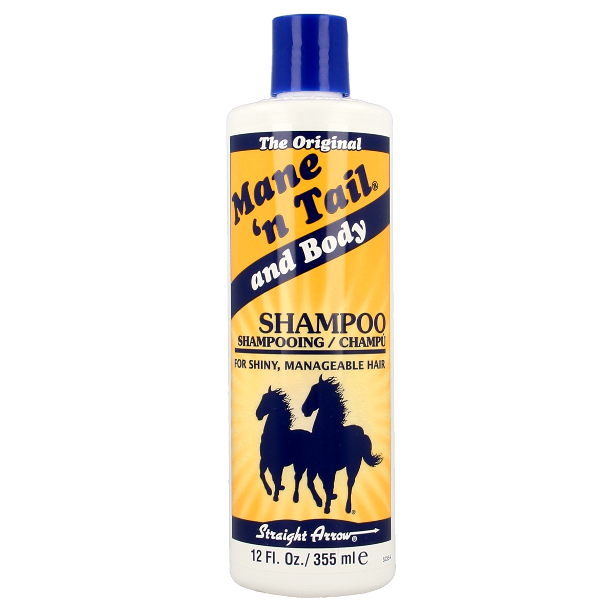 Mane 'n Tail original shampoo bottle, 355ml, for hair care, with a white and blue label and black cap.