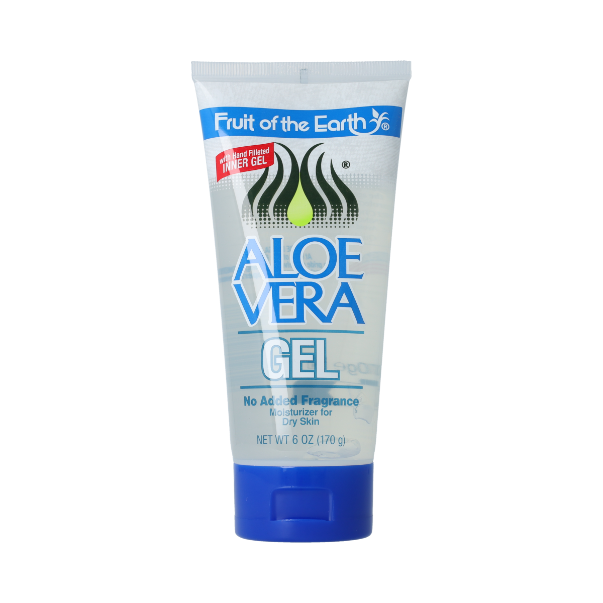 Fruit of the Earth Aloe Vera Gel 170g, natural body care product with clear gel texture and aloe vera plant in the background.