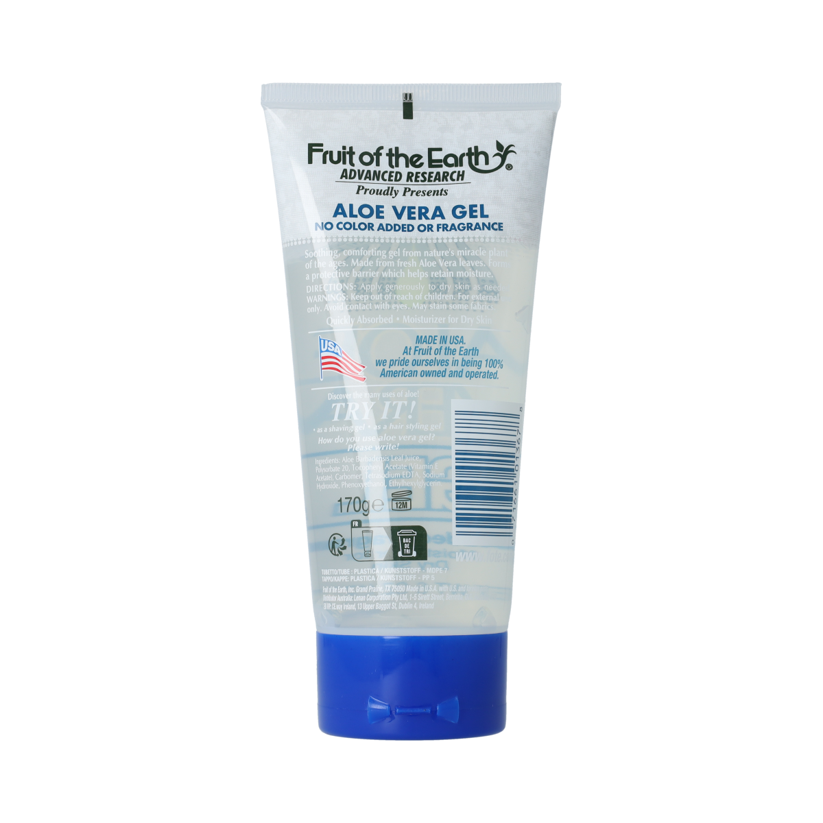 Fruit of the Earth Aloe Vera Gel 170g for body care, clear gel in a tube, natural soothing skincare product.