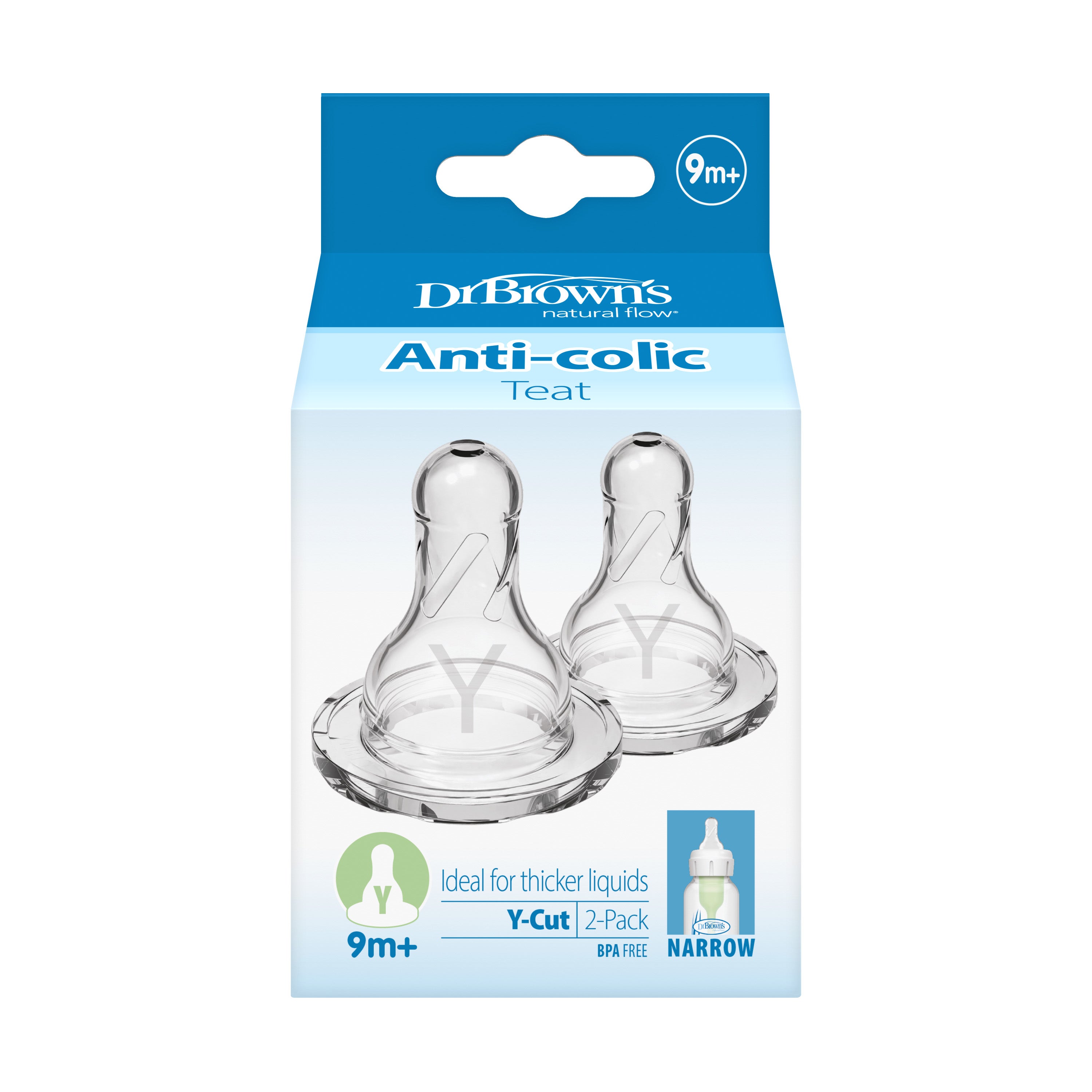 Dr. Brown's Speen small Y-cut for 9-month-old babies, set of 2, designed for baby bottles and feeding comfort.