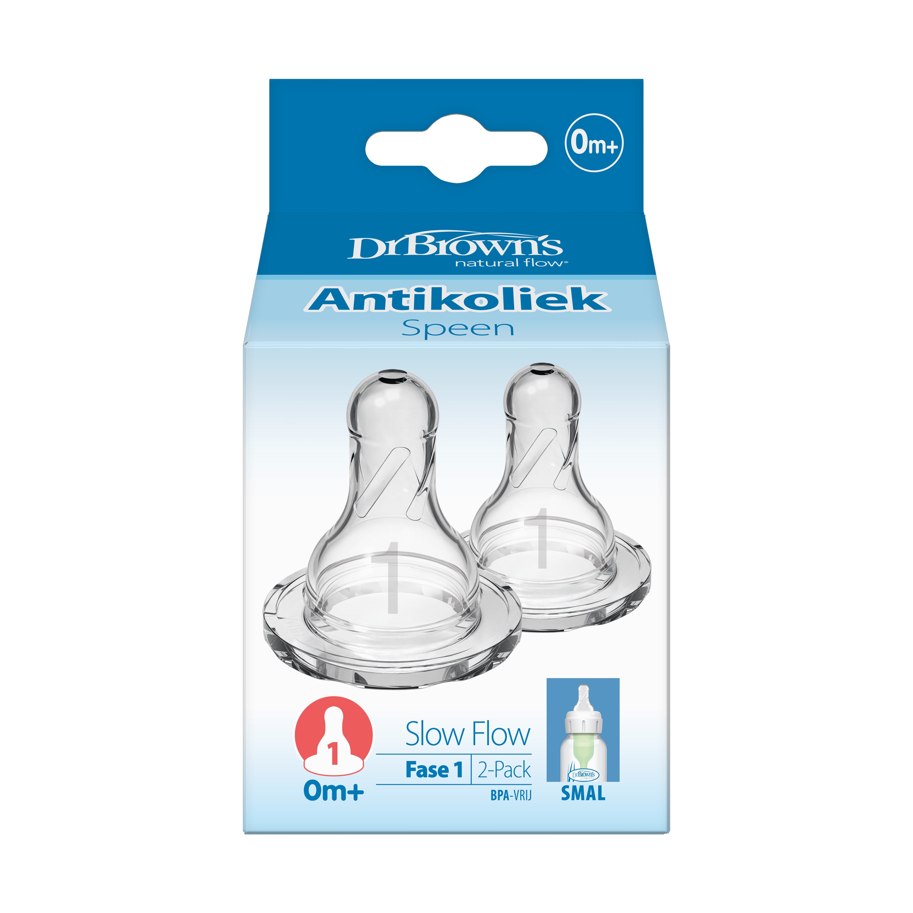 Dr. Brown's Speen standaard hals fles fase 1, set of 2, baby bottles with nipple for early feeding, displayed with clear measurement markings.