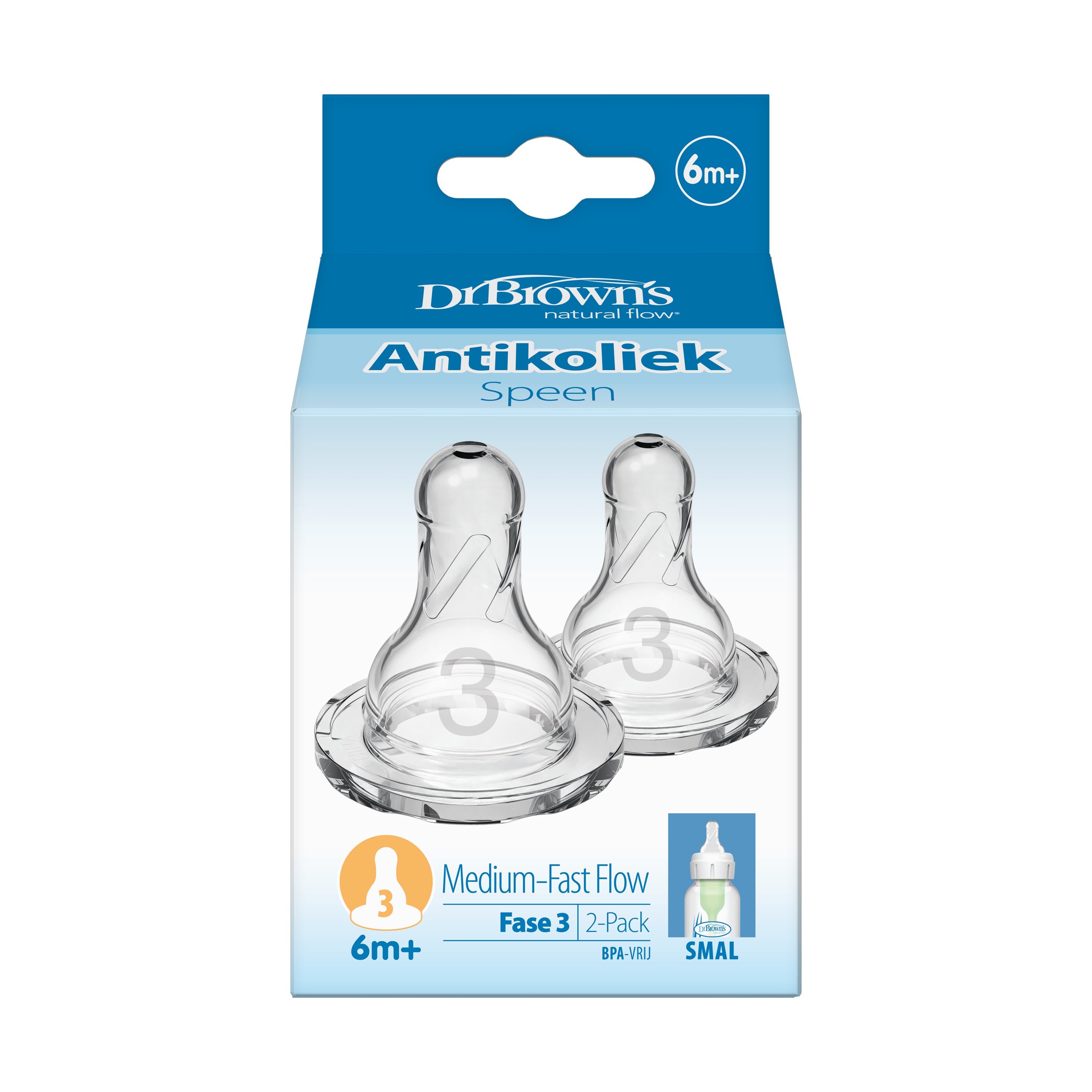 Two Dr. Brown's Speen standaard hals baby bottles with phase 3 teats, designed for feeding infants, shown in the image.