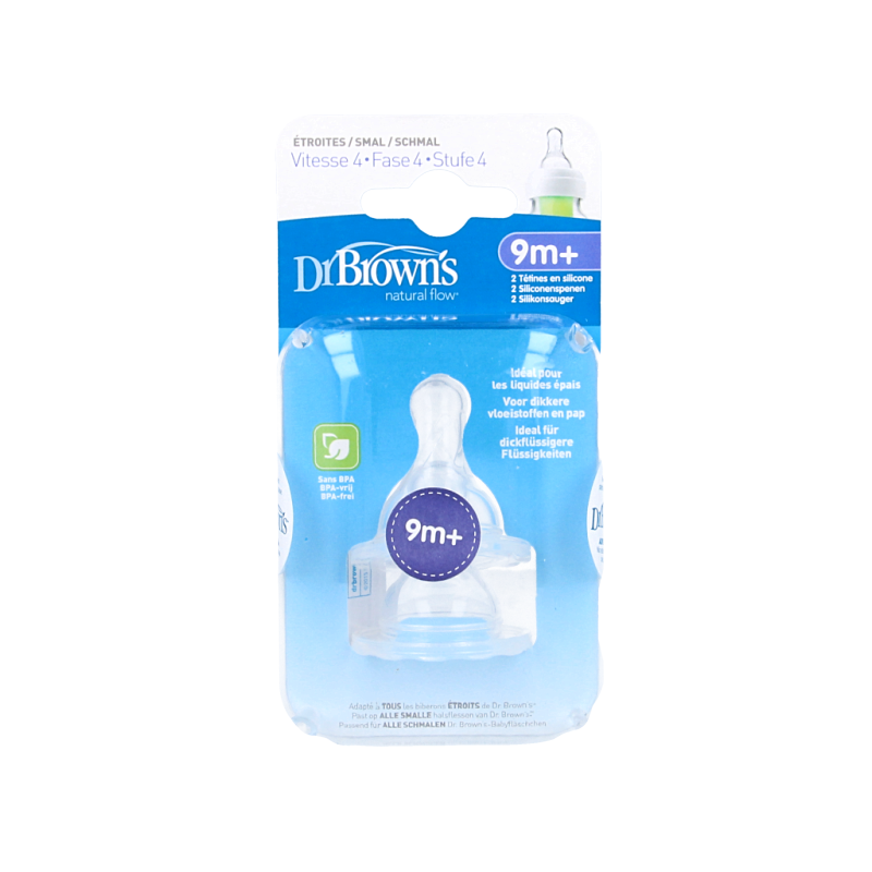 Two Dr. Brown's Speen standaard hals baby bottles with phase 4 pacifiers, designed for easy feeding and comfort.