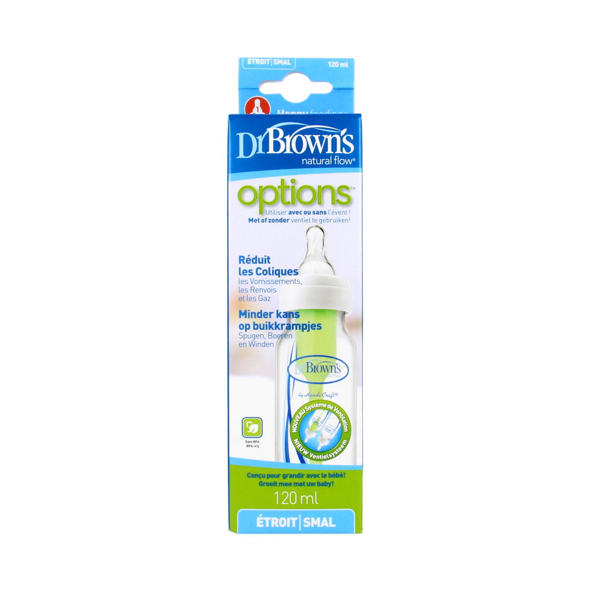 Dr. Brown's BPA-free standard baby bottle, 120ml, with nipple, shown in the image.