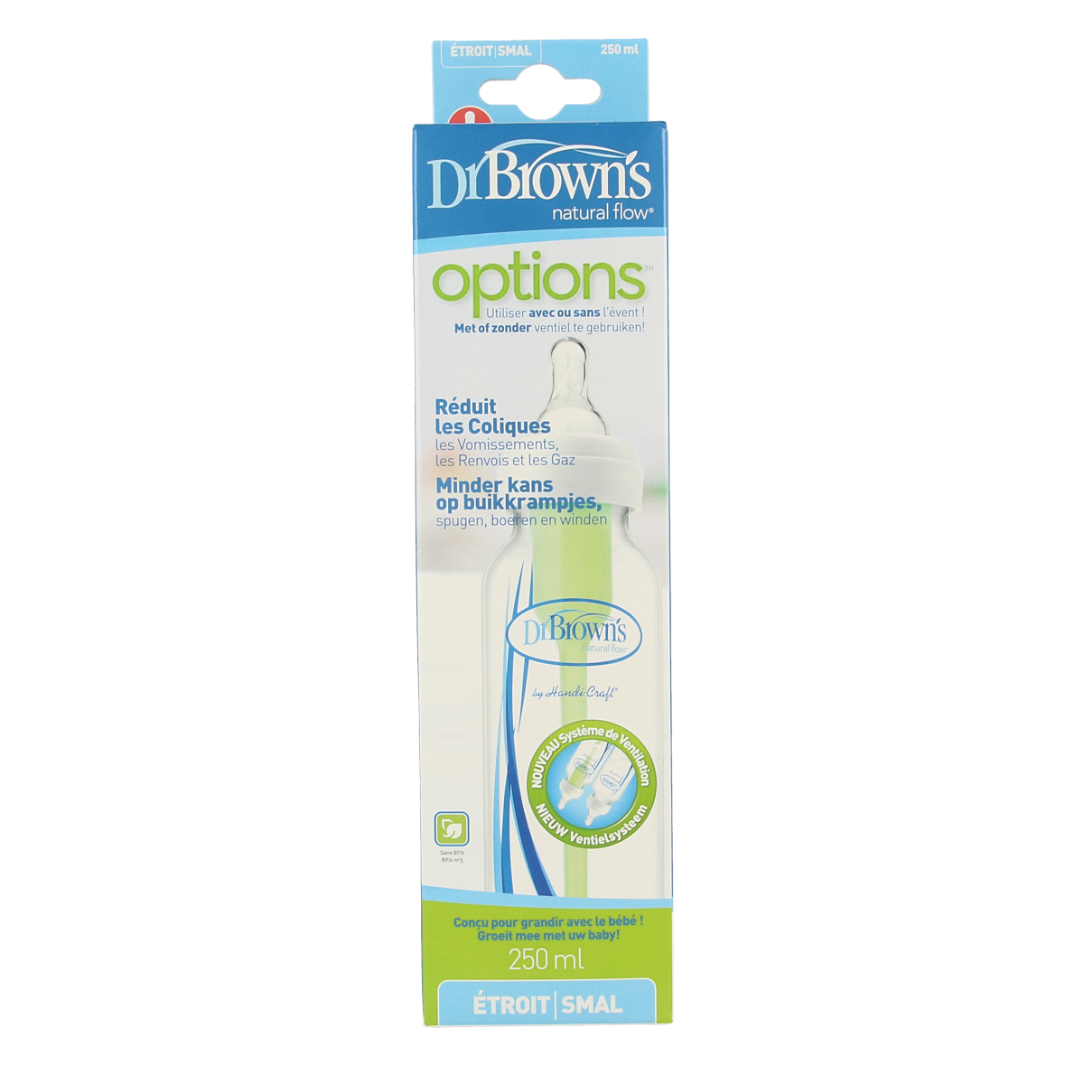 Dr. Brown's standard 250ml BPA-free baby bottle with nipple, shown with transparent design and secure cap.