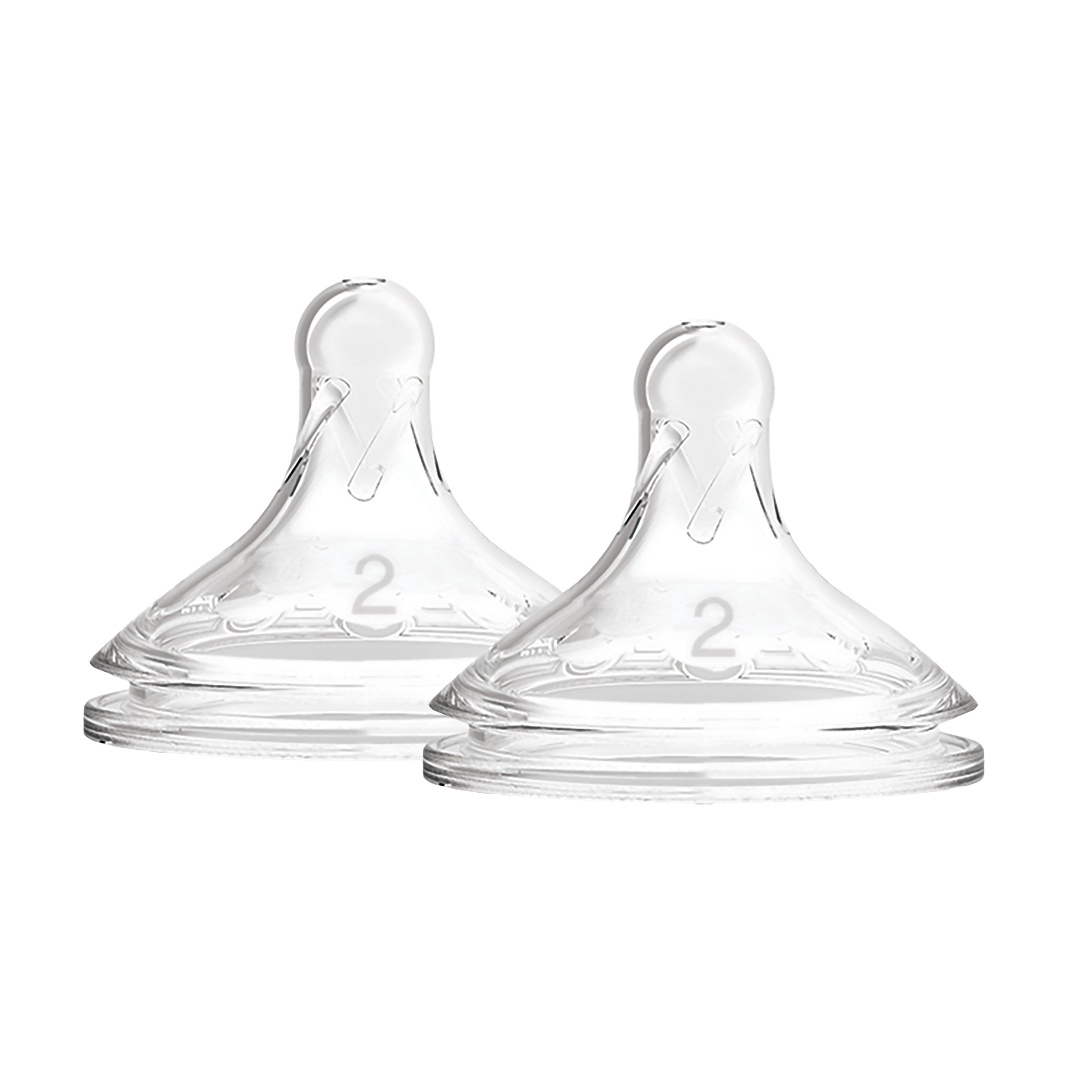 Two Dr. Brown's Options+ Stage 2 wide-neck baby bottles with silicone nipples, shown with clear plastic and measurement markings.