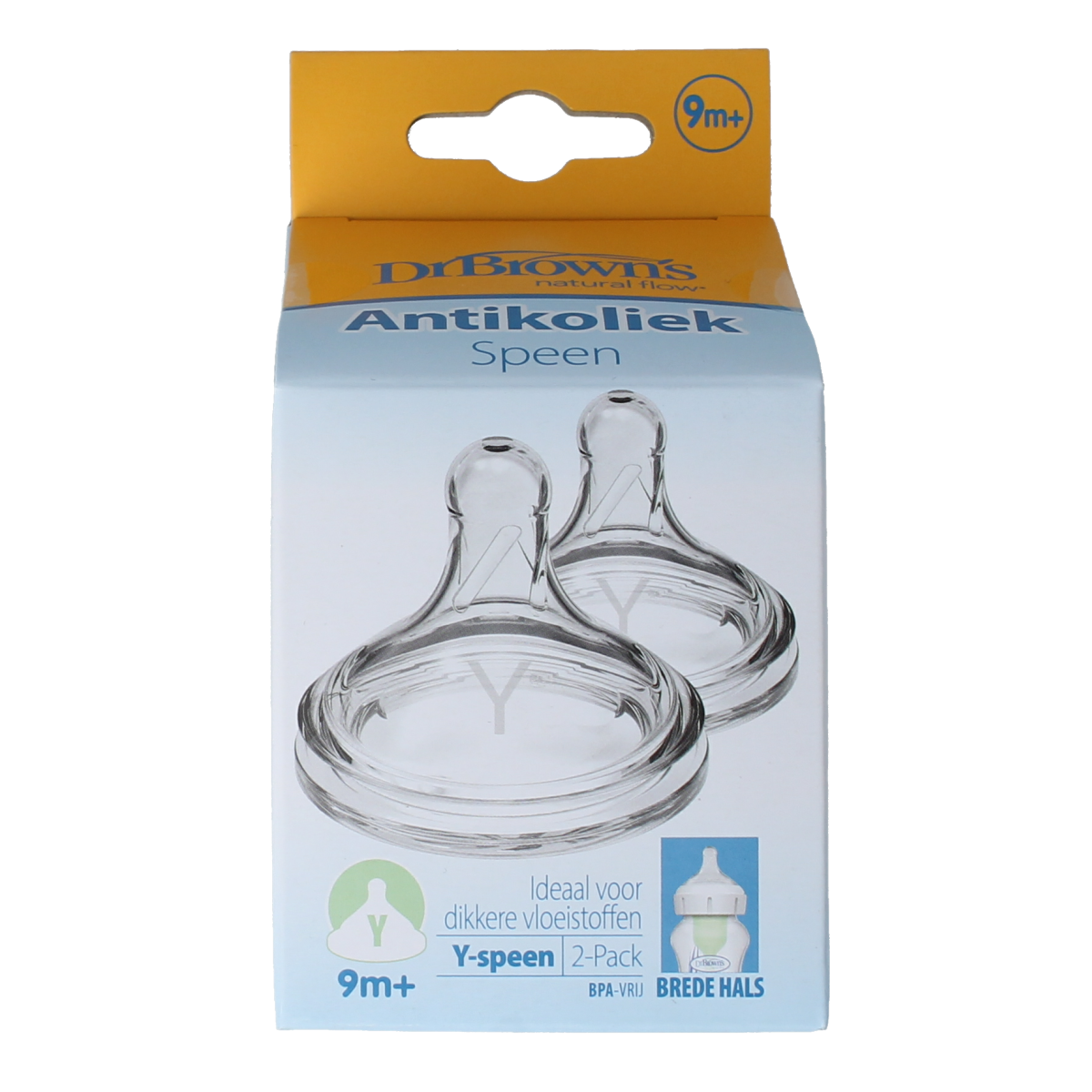 Set of two Dr. Brown's Options+ Y-shaped wide-neck baby bottles and nipples, made of durable, BPA-free plastic.
