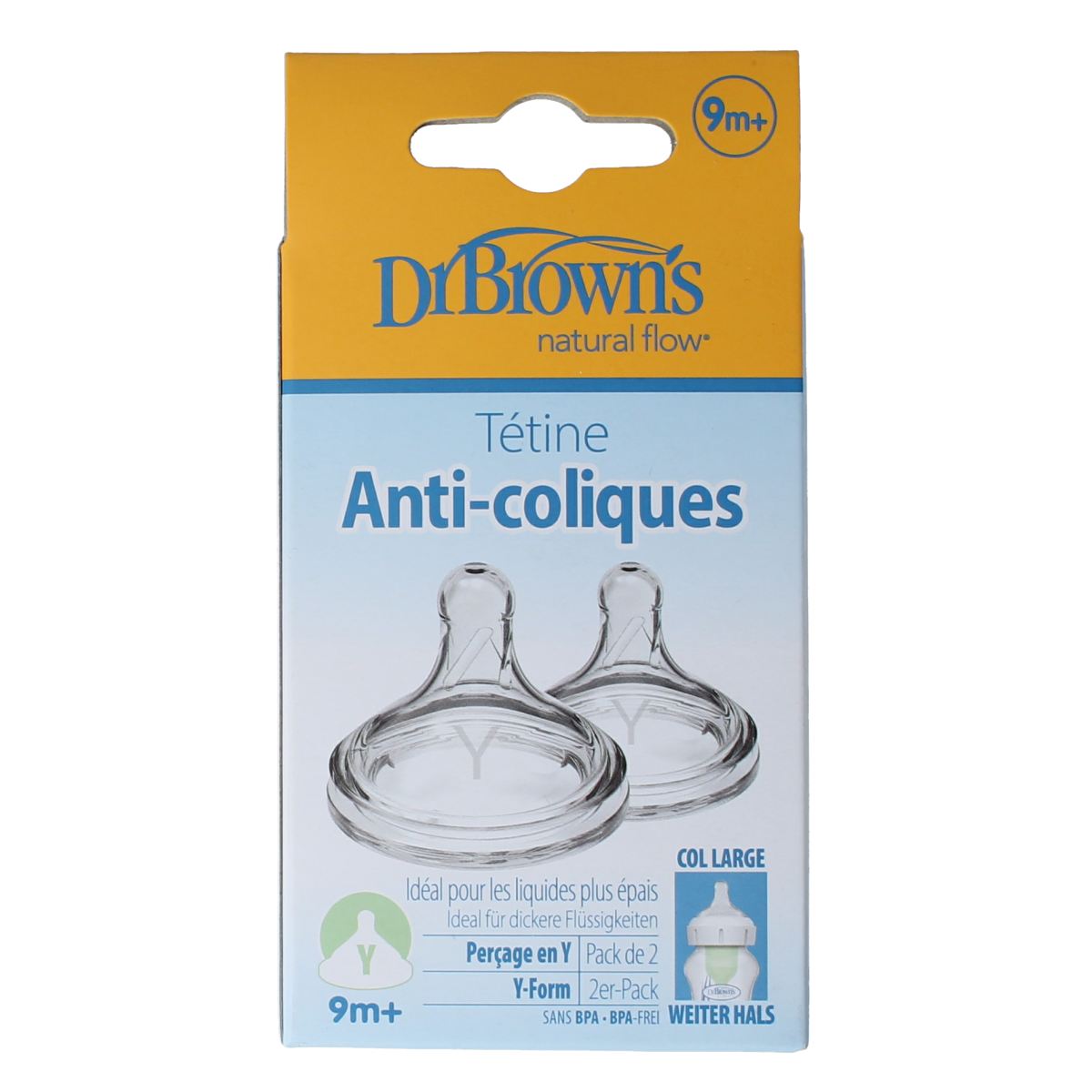Dr. Brown's Options+ Y-shaped wide-neck baby bottle nipples, set of 2, for easy feeding and compatibility with Dr. Brown's bottles.