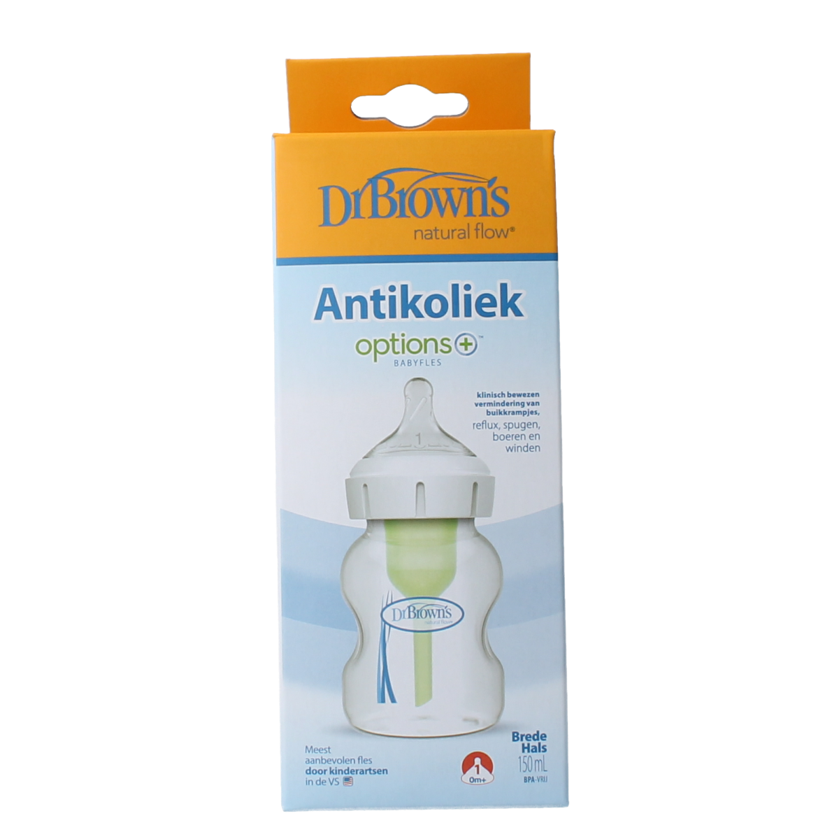 Dr. Brown's Options+ baby bottle with wide neck, 150ml, made of clear plastic, featuring a silicone nipple and measurement markings.