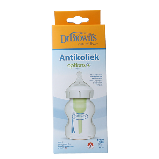 Dr. Brown's Options+ baby bottle with wide neck, 150ml, made of clear plastic, featuring a silicone nipple and measurement markings.